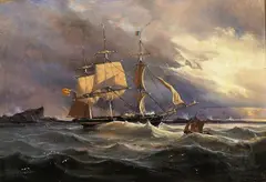 Franz Wilhelm Schiertz, Seilskip og losbåt ved Lindesnes, 1844, Olje på lerret