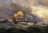 Franz Wilhelm Schiertz, Seilskip og losbåt ved Lindesnes, 1844, Olje på lerret