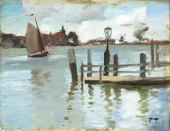 Havneparti Holland by Frits Thaulow, Olje på plate, sold Dec 2002