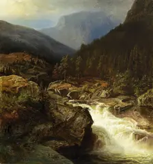 Fossefall by Christian Wexelsen, 1867, Olje på lerret, sold Dec 2002