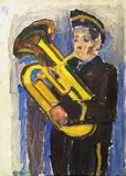 Hjalmar Haalke, Guttemusikant med tuba, 1953, Olje på lerret