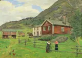 Lars Larsen, To kvinner ved gårdstun, 1927, Olje på lerret