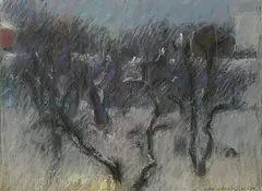 Halvdan Ljøsne, Frukttrær i vinterdrakt, 1970, Pastell, lysmå¨l