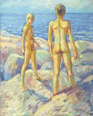 Willi Midelfart, Gutter på svaberg, 1965, Olje på lerret
