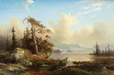 Magnus Thulstrup Bagge, Urskog med jeger, 1858, Olje på lerret