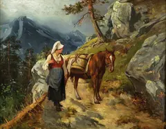 Axel Ender, Kvinne med hest på vei til seters, Olje på papir, oppklebet på plate
