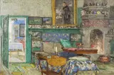 Gerhard Munthe, Peisestuen fra kunstnerens hjem, Leveld på Lysaker, 1917, Olje på lerret