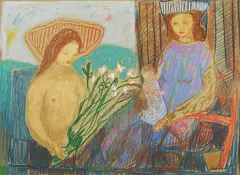 To kvinner og barn by Kai Fjell, 1942, Pastell, lysmål, sold Nov 2002