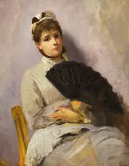 Christian Meyer Ross, Ung kvinne med vifte, 1878, Olje på mahognyplate