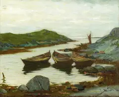 Fredrik Kolstø, Robåter i en bukt, 1886, Olje på lerret