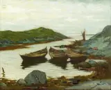 Fredrik Kolstø, Robåter i en bukt, 1886, Olje på lerret