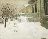 Hagetrapp i sne by Frits Thaulow, Olje på lerret, sold Nov 2002