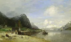 Anton Rasmussen, Fjordlandskap med folkeliv, Olje på lerret