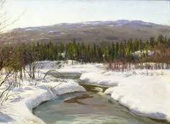 Jacob Gløersen, Elv i vinterlandskap, 1908, Olje på lerret