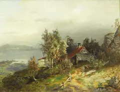 Anton Rasmussen, Kystparti med småbruk, 1868, Olje på mahognyplate