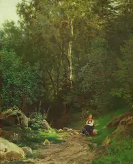 Philip Barlag, Sittende kvinne ved skogssti, 1874, Olje på lerret