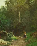 Philip Barlag, Sittende kvinne ved skogssti, 1874, Olje på lerret