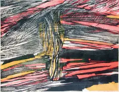 Knut Rumohr, Komposisjon i svart, gult og rødt, 1961, Linoleumsnitt, lysmål