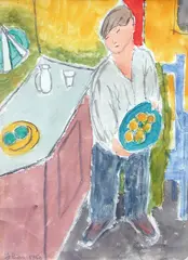 Johannes Rian, Gutt med fruktfat, 1950, Blandingsteknikk, lysmål
