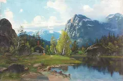 Conrad Selmyhr, Tømmerhytte i fjellandskap, 1899, Olje på lerret