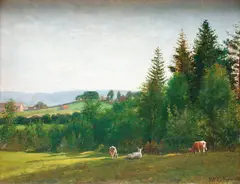 Peter Nicolai Arbo, Gressende kyr, 1888, Olje på mahognyplate