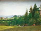 Peter Nicolai Arbo, Gressende kyr, 1888, Olje på mahognyplate