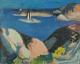 Thorbjørn Lie-Jørgensen, Kystlandskap med varde, 1946, Olje på lerret