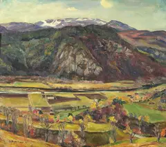 Gustav Undersaker, Gårdsbruk i fjelldal, 1929, Olje på lerret