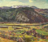 Gustav Undersaker, Gårdsbruk i fjelldal, 1929, Olje på lerret