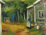 Erling Enger, Kvinne på gårdstun, 1953, Olje på lerret