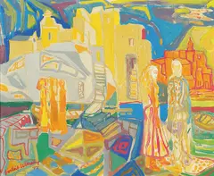 Jørleif Uthaug, Figurer i bylandskap, 1947, Olje på lerret