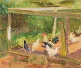 Hønsegård med hane by Carl von Hanno, Olje på plate, sold Jun 2002