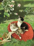 Elisabeth Sinding, Tre katter i en hatt, 1888, Olje på lerret