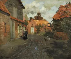 Frits Thaulow, Kone med barn på armen i landsbygate, Olje på lerret