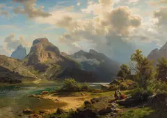 August Wilhelm Leu, Fjordlandskap med folkeliv, 1870, Olje på lerret