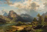 August Wilhelm Leu, Fjordlandskap med folkeliv, 1870, Olje på lerret