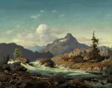 Johan Fredrik Eckersberg, Elvelandskap med tømmerhytte, Olje på lerret