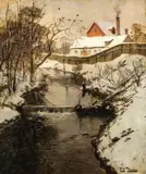 Frits Thaulow, Elvelandskap med fabrikkbygninger, vinter, Olje på lerret