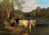 Anders Askevold, Budeie og kyr ved vanningsstedet, 1870, Olje på lerret