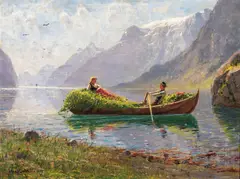 Hans Dahl, Fjordlandskap med robåt, innhøsting, Olje på plate