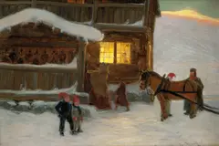 Gustav Wentzel, Fjellgård med folkeliv, vinter, Olje på lerret