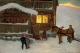 Gustav Wentzel, Fjellgård med folkeliv, vinter, Olje på lerret