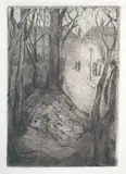Johannes Rian, Gateparti med lykt og trær, 1927, Radering