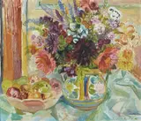 Torstein Rusdal, Oppstilling med blomster i vase og frukt, 1948, Olje på plate