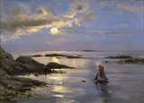 Seilbåt i aftenbelysning by Frithjof Smith-Hald, Olje på plate, sold Dec 2001