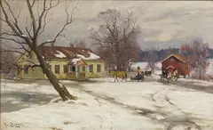 Fredrik Borgen, Vinterlandskap med gårdstun, Olje på lerret