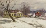 Fredrik Borgen, Vinterlandskap med gårdstun, Olje på lerret