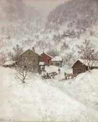 Lyder Wenzel Nicolaysen, Folkeliv på gårdstun, 1893, Olje på mahogniplate