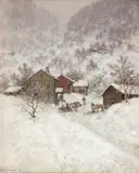 Lyder Wenzel Nicolaysen, Folkeliv på gårdstun, 1893, Olje på mahogniplate