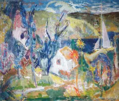 Edvard Vigebo, Hus i fjordlandskap, 1948, Olje på lerret
